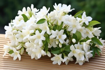 Jasmine flowers in a basket on a bamboo tablecloth, White jasmine flowers fresh flowers natural, AI...