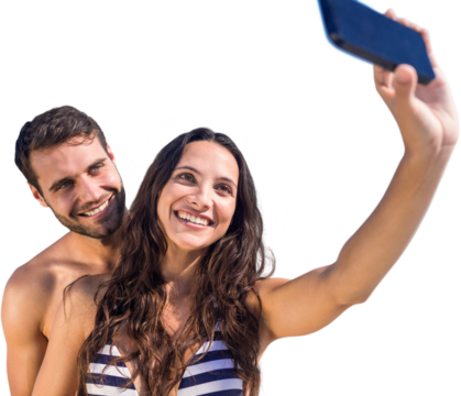 Digital png photo of happy caucasian couple in swimsuits taking selfie on transparent background