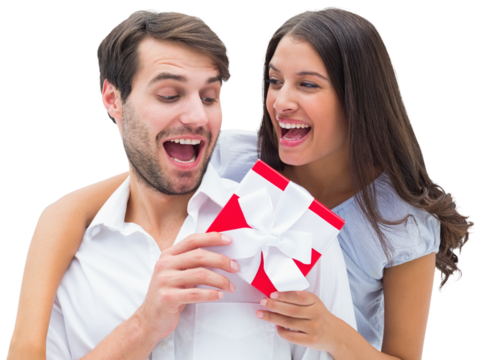 Digital png photo of diverse couple with present on transparent background