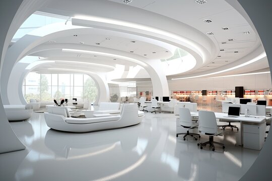 modern office interior design 3d rendering   image of a modern office, White open space office interior, AI Generated