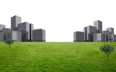 Digital png illustration of meadow with windmills and skyscrapers on transparent background