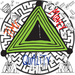 Digital png illustration of symbols with time, money and quality text on transparent background