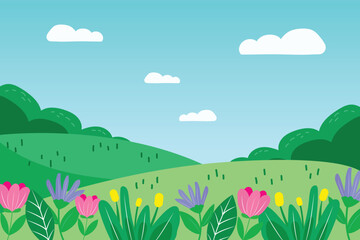 Vector about Drawn beautiful spring landscape background