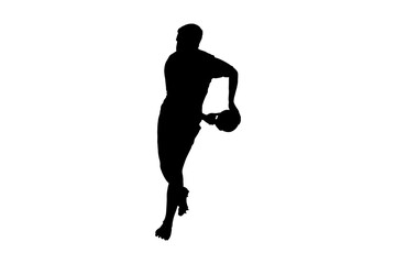 Fototapeta na wymiar Digital png illustration of silhouette of sportsman with ball on transparent background
