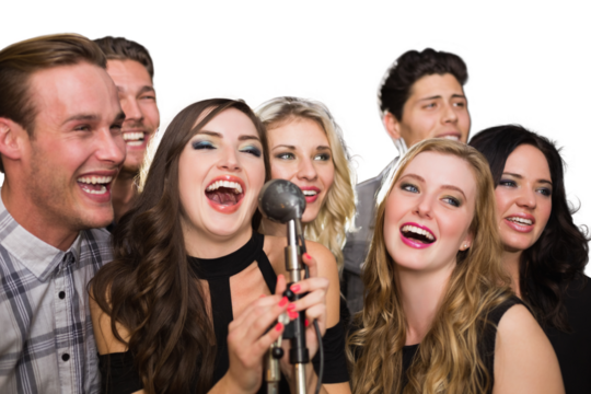 Digital png photo of happy caucasian colleagues singing using microphone on transparent background - Powered by Adobe