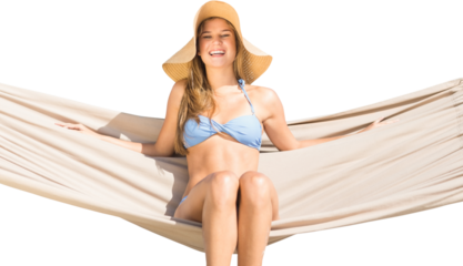 Digital png photo of happy caucasian woman in swimsuit in hammock on transparent background