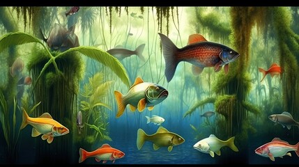 cartoon illustration of fish swimming in lake