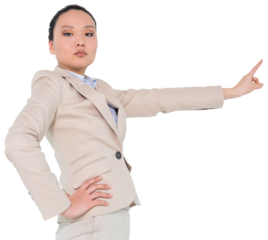 Digital png photo of asian businesswoman pointing on transparent background