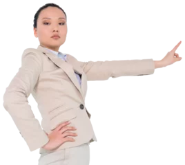 Keuken foto achterwand Aziatische plekken Digital png photo of asian businesswoman pointing on transparent background