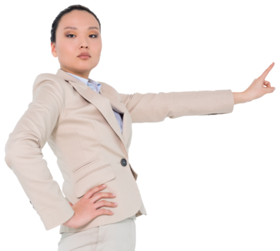 Digital png photo of asian businesswoman pointing on transparent background