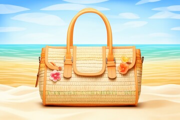 handbag made of raffia on sandy beach
