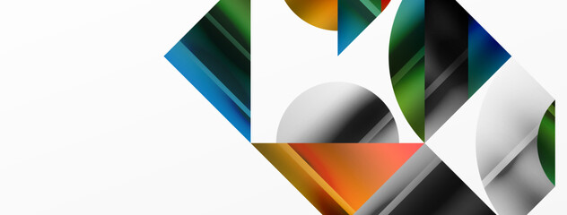 Elegant minimalist background with color metallic circles and triangles, creating harmonious composition of geometric shapes for wallpaper, banner, background, landing page