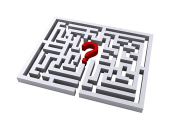 Digital png illustration of white labyrinth with red question mark on transparent background