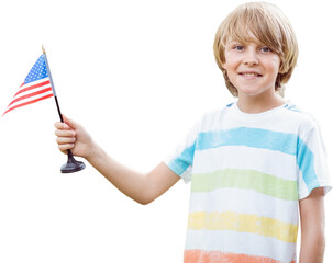 Digital png photo of caucasian boy holding flag of united states on transparent background