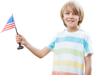 Digital png photo of caucasian boy holding flag of united states on transparent background