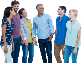 Digital png photo of happy diverse male and female colleagues standing on transparent background