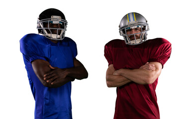 Digital png photo of diverse male american football players on transparent background