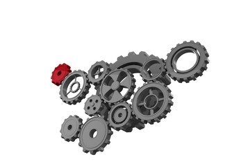 Digital png illustration of red and grey cogs on transparent background