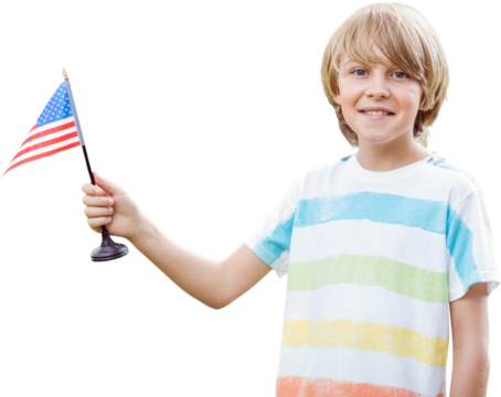 Digital png photo of caucasian boy holding flag of united states on transparent background