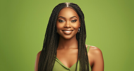 Portrait of a young smiling black woman with dreadlocks hair. Skin care beauty, skincare cosmetics, dental concept, isolated over green background. 