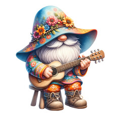 watercolor hippie gnomes play guitar, musical clipart, summer gnomes illustration