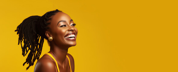 Portrait of a young smiling black woman. Skin care beauty, skincare cosmetics, dental concept, isolated over yellow background.  - obrazy, fototapety, plakaty