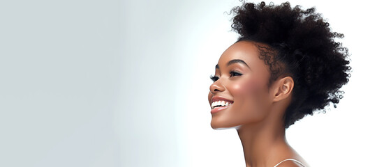 Portrait of a young smiling black woman. Skin care beauty, skincare cosmetics, dental concept, isolated over white background. 