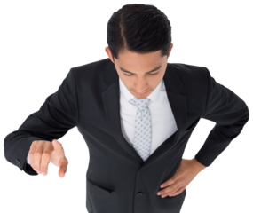 Digital png photo of biracial businessman touching virtual screen on transparent background