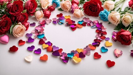Multi-colored composition of hearts and flowers, top view.