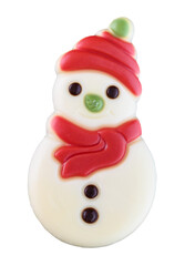 White chocolate Christmas candy in snowman shape wearing a red hat and red scarf, isolated
