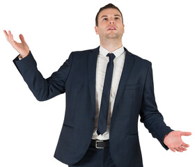 Digital png photo of caucasian businessman touching virtual screen on transparent background