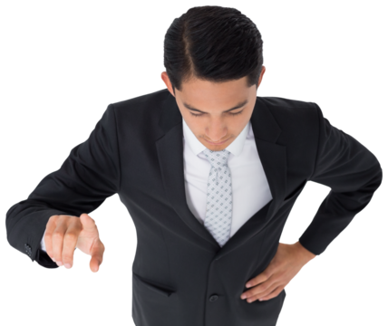 Digital png photo of biracial businessman touching virtual screen on transparent background - Powered by Adobe