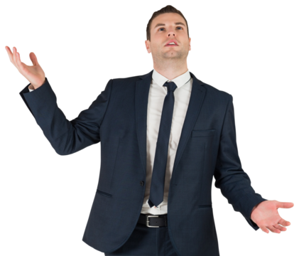 Digital png photo of caucasian businessman touching virtual screen on transparent background