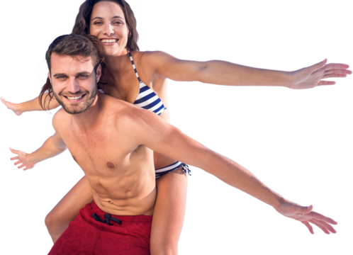 Digital png photo of caucasian couple wearing swimsuits on transparent background - Powered by Adobe
