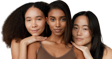 Portrait, woman and beauty for diversity, skincare and health for wellness. Cosmetology, model and community with inclusion, support and trust on isolated or transparent png background by embrace