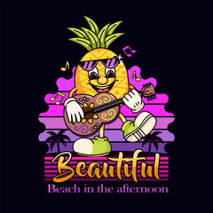 Pineapple character mascot playing guitar on the beach. Suitable for logos, mascots, t-shirts, stickers and posters