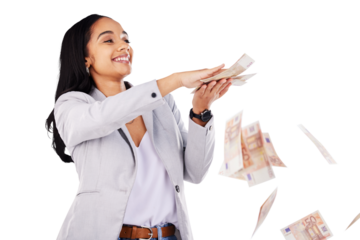 Money, rain and a young woman with lottery winner for bonus or financial promotion. Cash, finance and happy female person with payment for investment growth isolated by transparent png background.