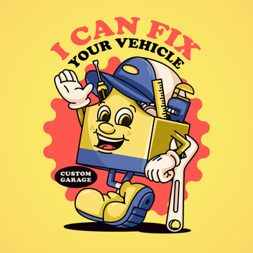 Workshop toolbox retro mascot character holding a wrench. Suitable for logos, mascots, t-shirts, stickers and posters