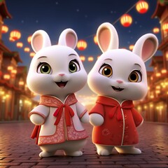Obraz premium Flat illustration of cute rabbits celebrating new year eve