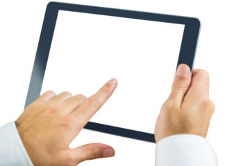 Digital png photo of hands of caucasian man using tablet on transparent background