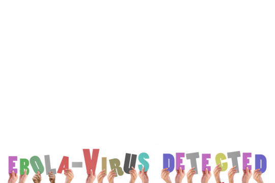 Digital png illustration of hands with ebola virus detected text on transparent background