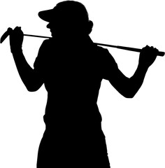 Digital png illustration of silhouette of female golf player on transparent background