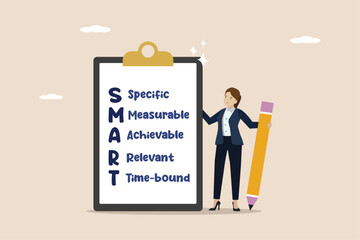Setting SMART goals, acronym with specific, measurable, achievable, relevant and time, planning for realistic targets concept, businesswoman writing with note paper written business SMART goals.