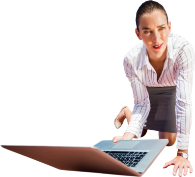 Digital png photo of caucasian businesswoman with laptop on transparent background