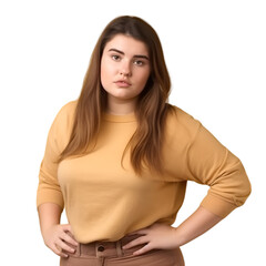 slightly chubby girl, wearing a yellow sweatshirt, stands with her hands on her waist, looking seriously at the camera. isolated on transparent background.