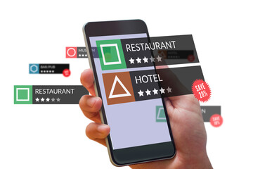 Digital png illustration of hand with smartphone and digital interface on transparent background