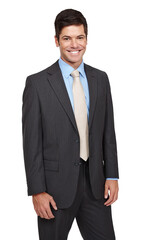 Portrait, happy business man and entrepreneur isolated on a transparent png background. Confidence, smile and professional agent, corporate employee and career or job of worker in suit in Australia
