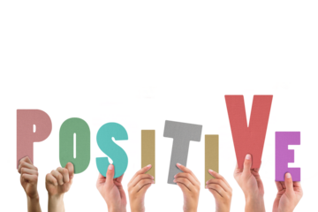 Digital png illustration of hands with positive text on transparent background