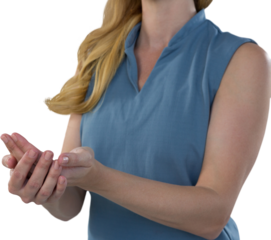 Digital png photo of midsection of caucasian woman holding her hand on transparent background