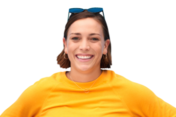 Cool, woman and happy portrait with confidence and modern fashion with casual outfit. Sunglasses, model and hipster clothes with female person smile isolated on a transparent, png background